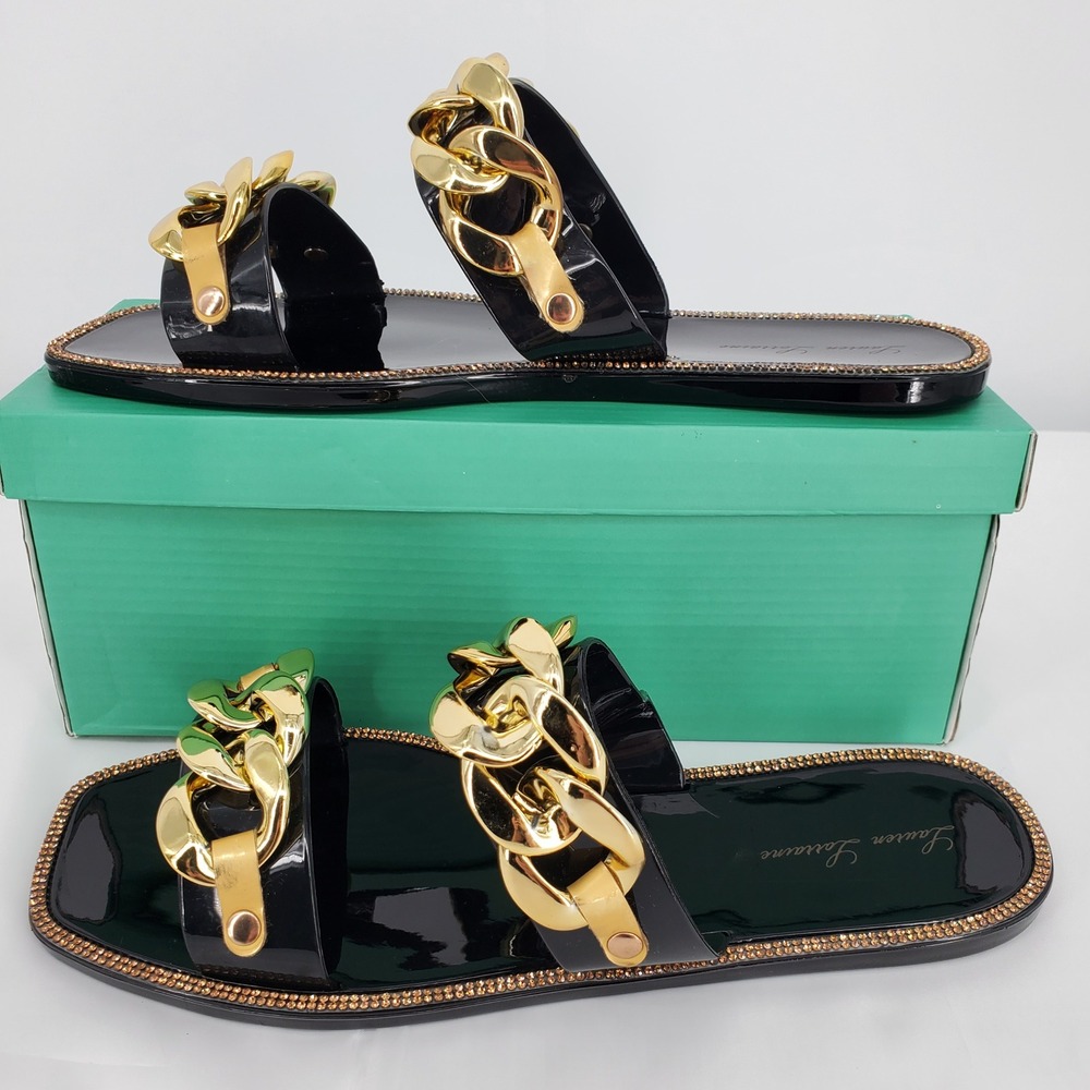 Lauren Larraine Chan Black‎ Jelly Slide Sandals Rhinestone Chic Chain Size 11